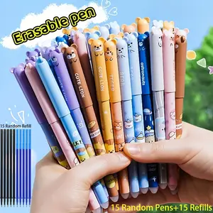 30 Pack Cartoon Design Gel Pens with Eraser 0.5mm Fine Tip Quick Dry Erasable Blue Black Ink Writing Drawing Office School Supplies Stationery Set Cute Pens