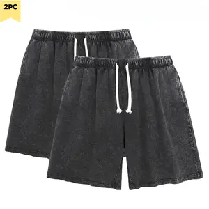 2 Pack Mens Sweat Shorts Athletic Acid Washed Cotton Gym Short Elastic Waist Drawstring Workout Jogger Pants with Pockets