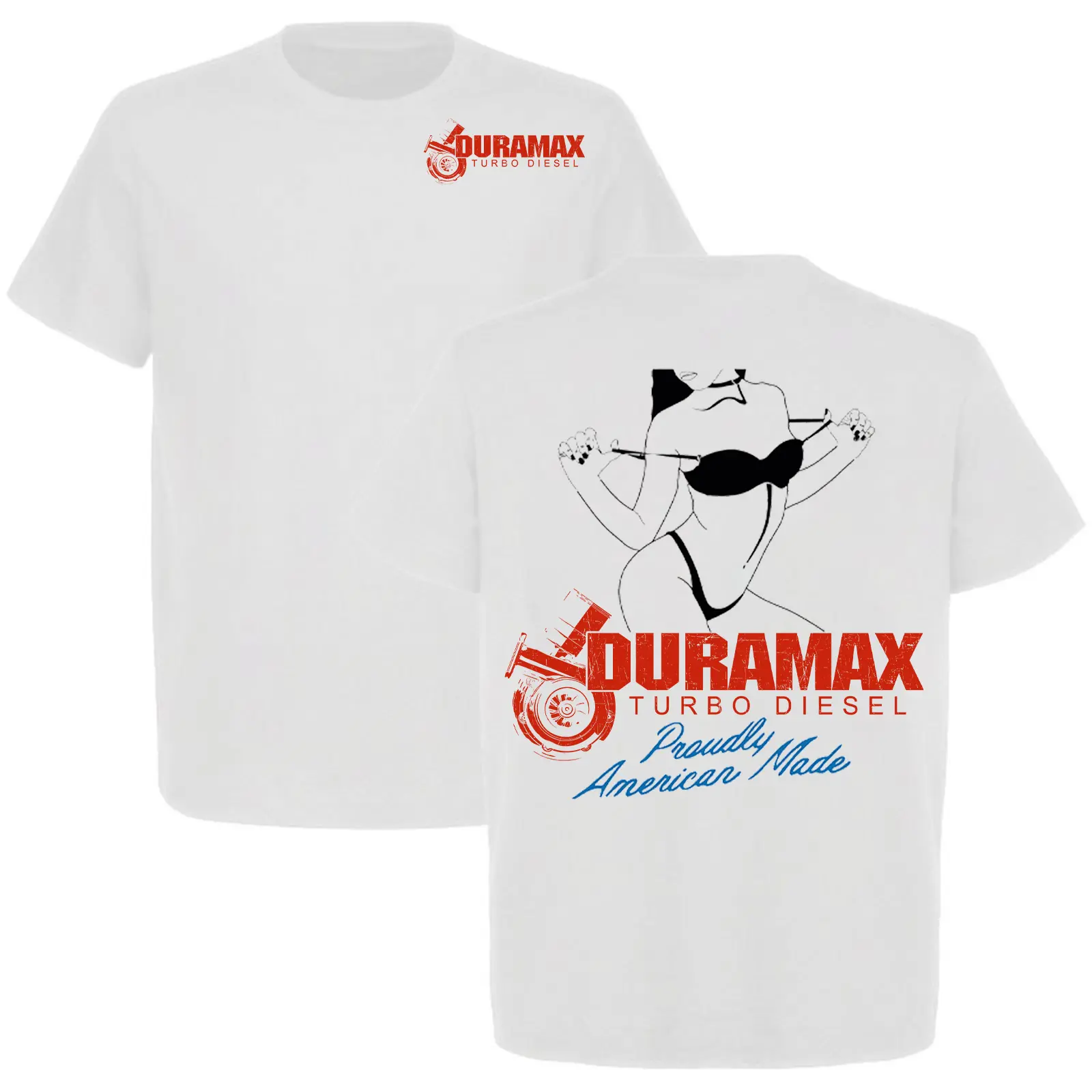 Duramax Turbo Diesel Pin-Up Graphic T-Shirt for Men, Diesel Truck Mechanic Tee, Front and Back Print