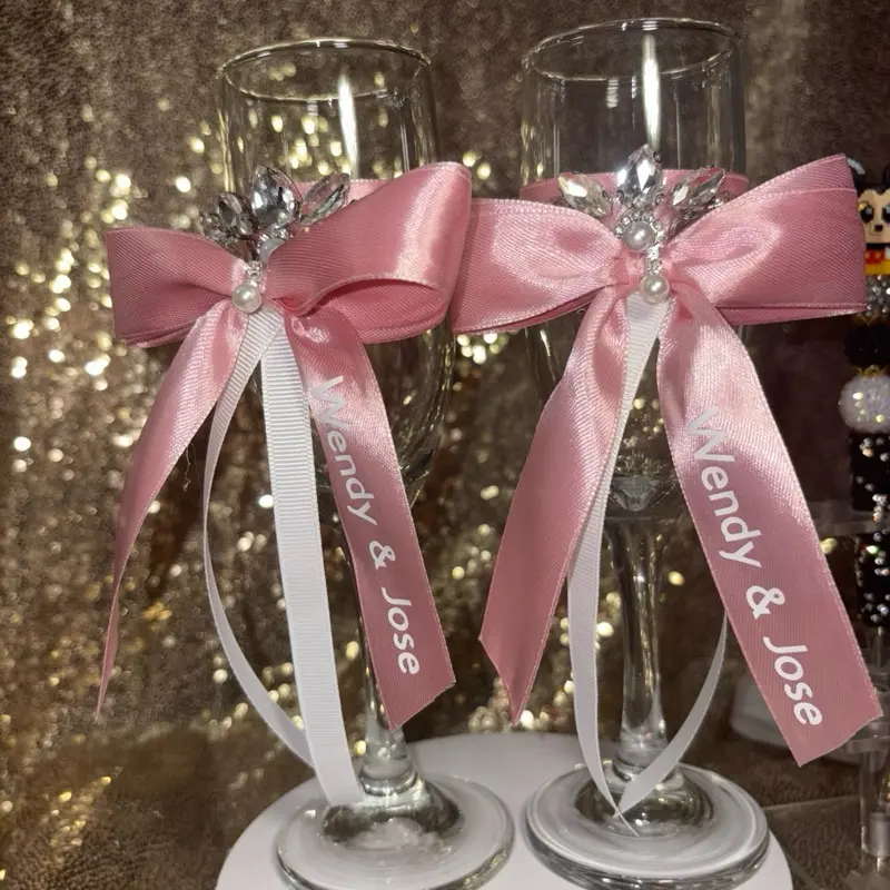 Personalized Pink Ribbon Champagne Flute Set | Custom Wedding Toast Glasses | Bride & Groom Gift