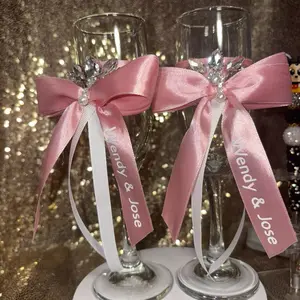 Personalized Pink Ribbon Champagne Flute Set | Custom Wedding Toast Glasses | Bride & Groom Gift