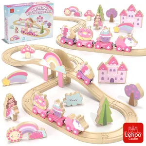 Lehoo Castle 38pcs72pcs Wooden Train Set, Train Set for kids, Wooden Train Track for Girls, Train Set with Tracks & Accessories, Unicorn Toys for Girls, Montessori Toys for Boys & Girls