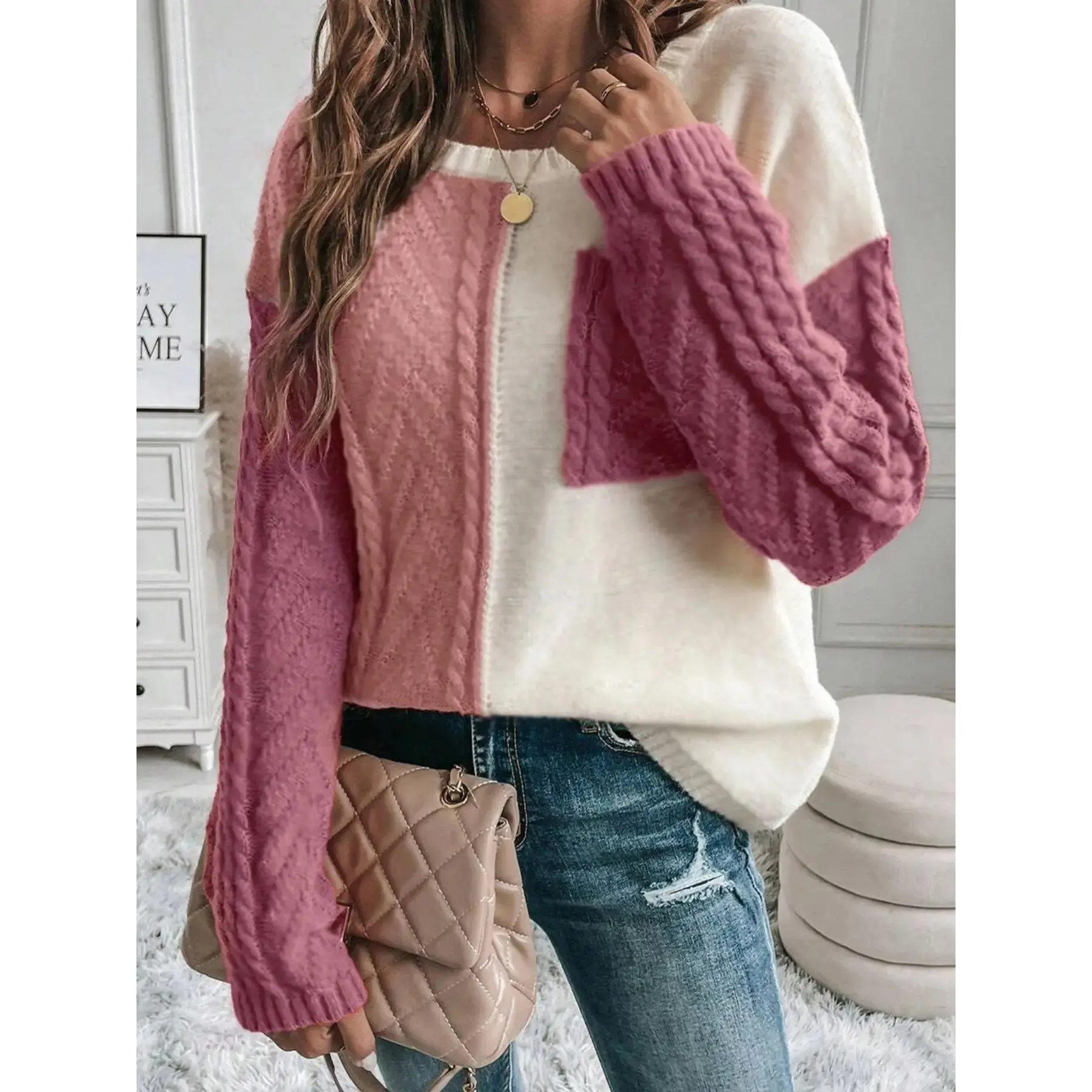 Women's Patchwork Striped Pullover Sweater, Fall Winter 2026 Set, Basic Drop Shoulder Style with Front Pocket, Casual Party Wear