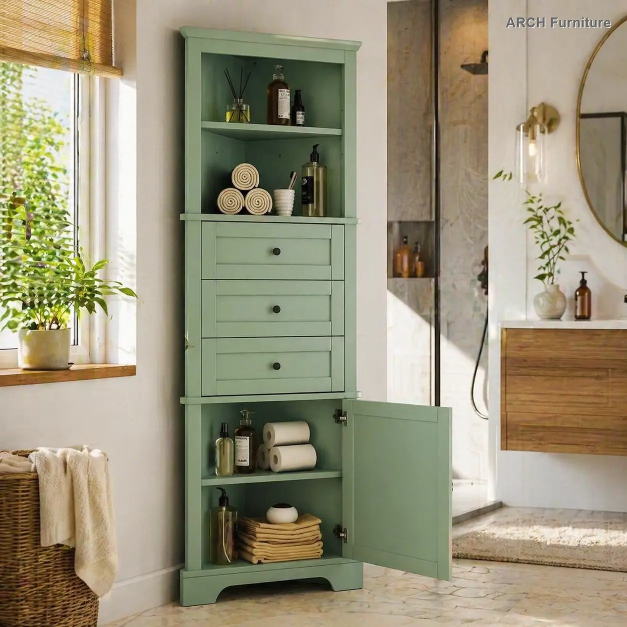 Triangle Corner Cabinet - MDF Board with Painted Finish, 3 Drawers, Adjustable Shelves, Indoor Cupboard Furniture for Apartment Bathroom, Kitchen (Old Sku:WF306469AAG), Three Drawers
