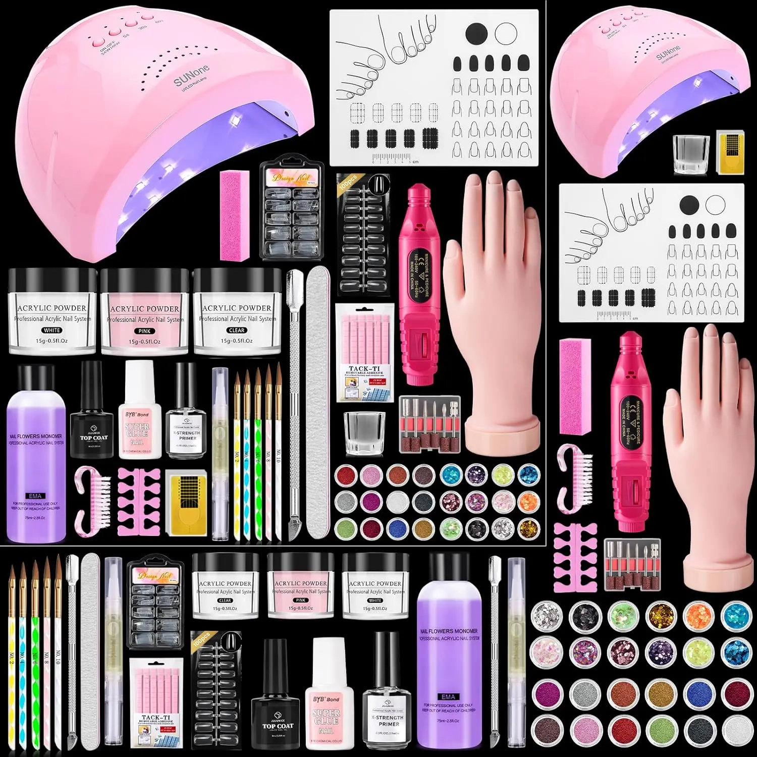 Nail Kit for Beginners with Everything: Practice Nail Hand Acrylic Set U V Lamp Professional Powder Liquid Starter Kits with Drill for Salon Home(Pink Lamp) Uv Gel Kit Manicure