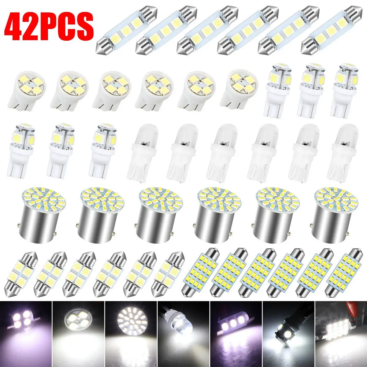 42 Pcs Interior Car Lights, Super Bright White Dome Map Tail Cab Lights Bulb Kit Set , Light 31 36 41 mm 12v De3175 6411 T10 2825 6612f 6615f for Dome Map Read Door Trunk Glove Box License Plate Cargo Courtesy(White)