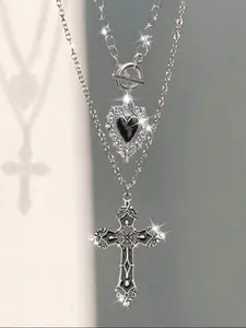 Gothic Heart Cross Pendant Necklace Set, Vintage Punk Y2K Women's Jewelry, Love Heart Necklace, Party Layered, Valentine's Gift, 2 Piece Gothic Accessories, Heart Design Necklace