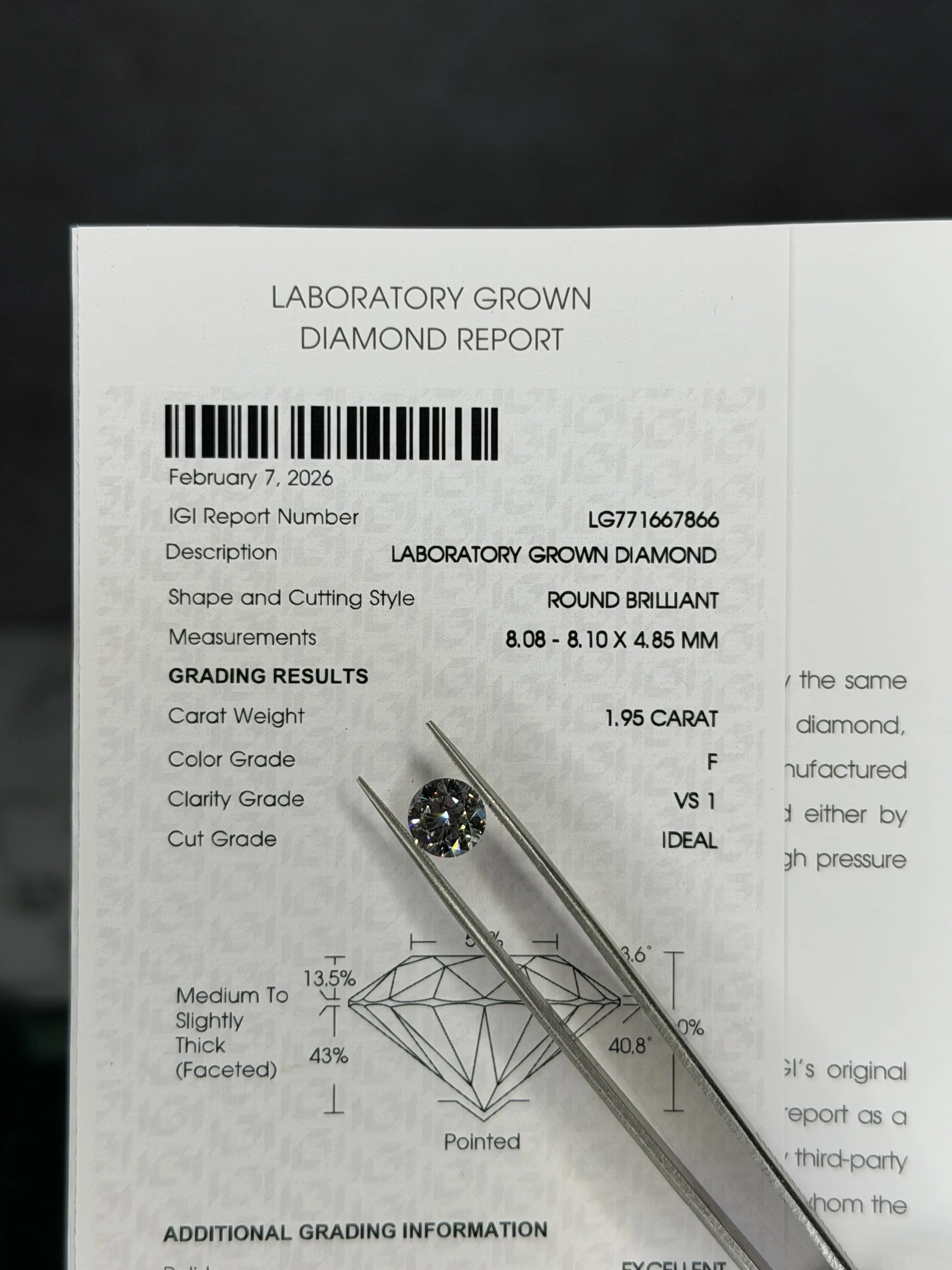 1.95 Carat F Color VS1 Brilliant Round Cut Lab Grown Diamond