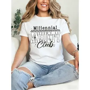 Millennial Anxiety Club Checkered Graphic T-Shirt, Women's 100% Cotton Oversized Short Sleeve Tee, Trendy Retro Y2K Casual Top, Relatable Mental Health Streetwear Outfit
