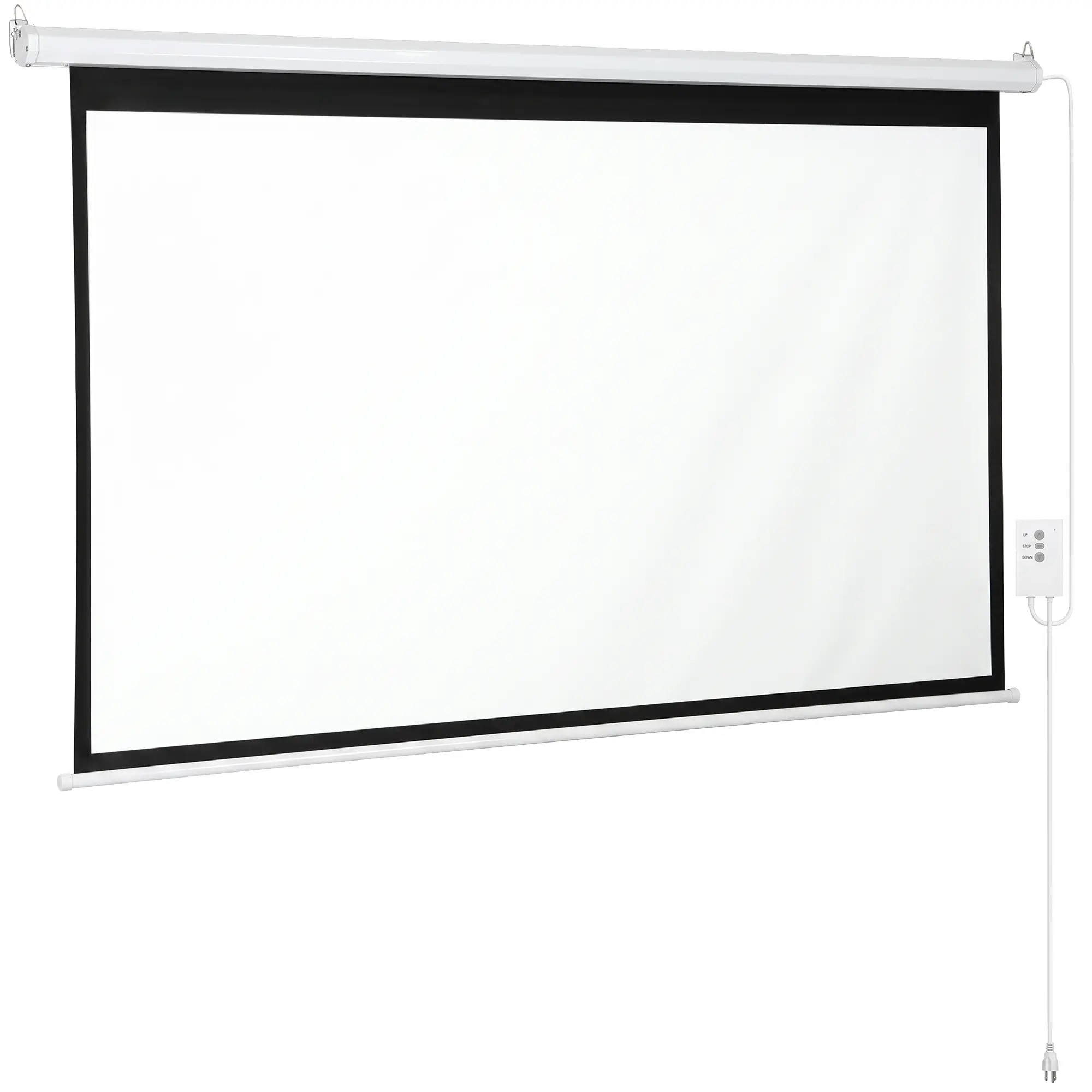 Zenstyle 92" Motorized Projector Screen, 16:9 4K Smooth White PVC Drop-Down Screen with Remote & In-Line Control, 4-Sided Black Borders, Dual Wall & Ceiling Mount