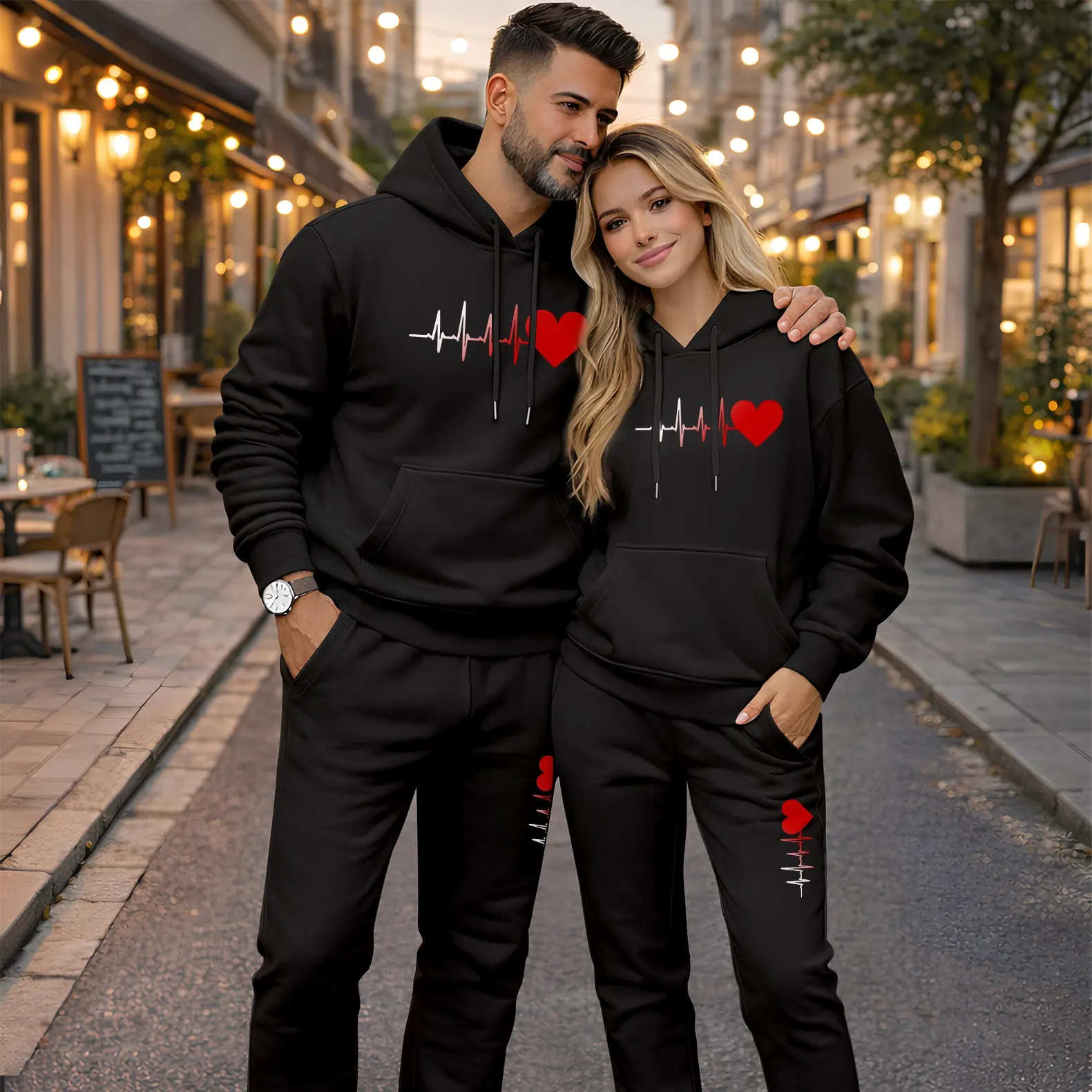 2 Piece Mens Outfits, Casual Fit Athletic Polyester Tracksuit Set with Heartbeat Graphic Hoodie and Pants, Long Sleeve, Bottom, Minimalist, Drawstring, Athletic Wear, Casual Outings, Clothes, Heart Graphic, Letter Print, Unisex Set, Full Length, 2Xl, Spor