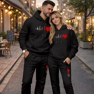 Couple's Heartbeat and Heart Print Hoodie and Sweatpants Set, Casual Sportswear, Long-Sleeve Hooded Jacket and Pants, Suitable for Autumn, Winter, and Spring, Everyday Wear, Tracksuit