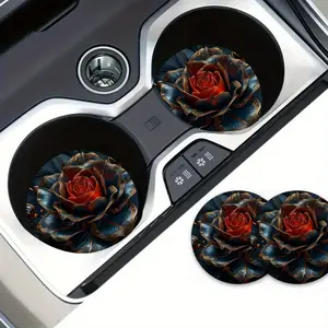 2pcs Elegant Floral Car Coasters - Non-Slip Cup Holder Mats, Heavy-Duty EVA Material, Red Roses on Dark Blue Floral Design - Fit for Cars, Trucks, SUVs - Perfect Auto Interior Accessories Gift for Women, Men, Drivers, Passengers