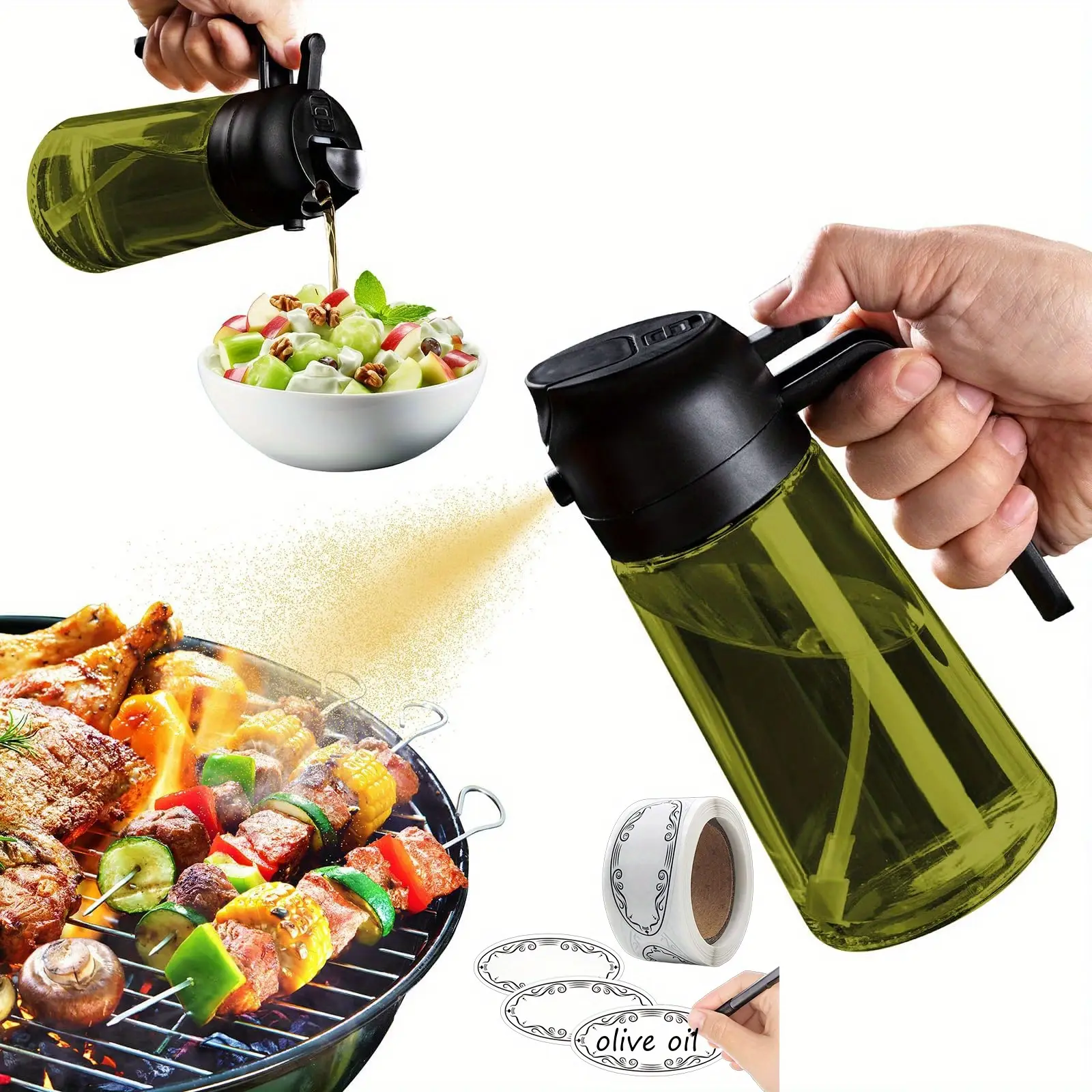 16 oz Olive Oil Sprayer and Dispenser - BPA Free Dark Glass Mister with Pouring Function - Kitchen Utensil for Cooking and Grilling - Utensils Kitchen