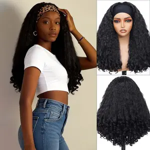 Afro Kinky Curly Headband Wig for Women, 22 inch Synthetic Fluffy Wig, Wear and Go Wigs with Bouncy Curls, Natural Black.