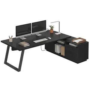 70.3 inch L-Shaped Executive Desk with Power Outlets & Storage Black