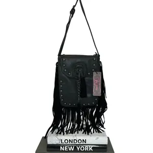 Suzette Collection Black Bo Ho Bag with Gunmetal Studs, Buckel Embellishment, Chain link Tassel with Suede Fringe, Show Stopping Bag