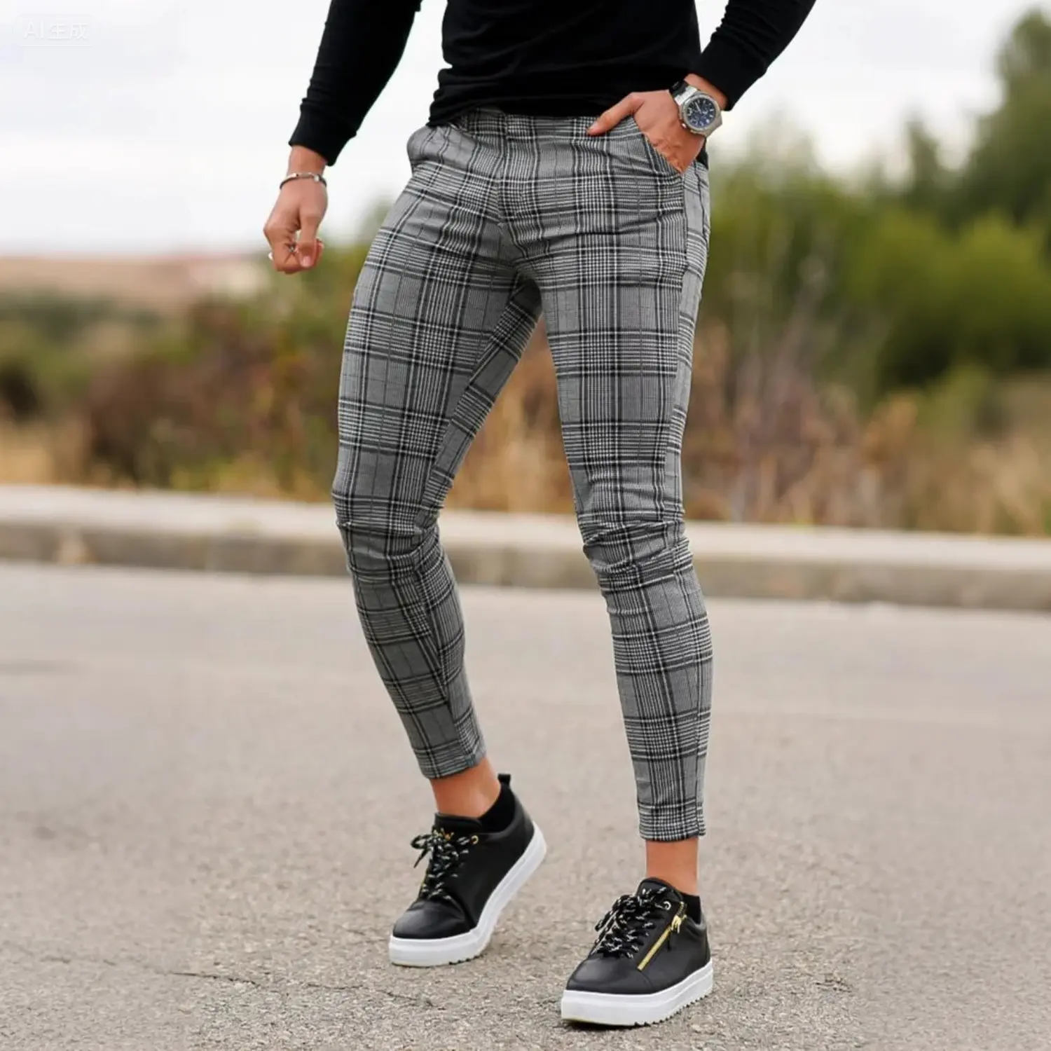 GINGTTO Men's Plaid Dress Pants Slim Fit Stretch Trendy Chino Skinny Comfort Formal Pants Casual Pocket Trousers