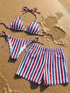 Patriotic American Flag Stars and Stripes Bikini & Swim Trunks, 4th of July Beachwear, USA Pride Summer Outfit