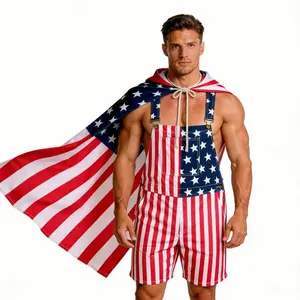 Lightweight American Flag Denim Overall Shorts for Men Women, Stretchy Unisex Romper with Adjustable Straps, Patriotic Summer Outfit for 4th of July Memorial Day Parades, Daily Casual Wear