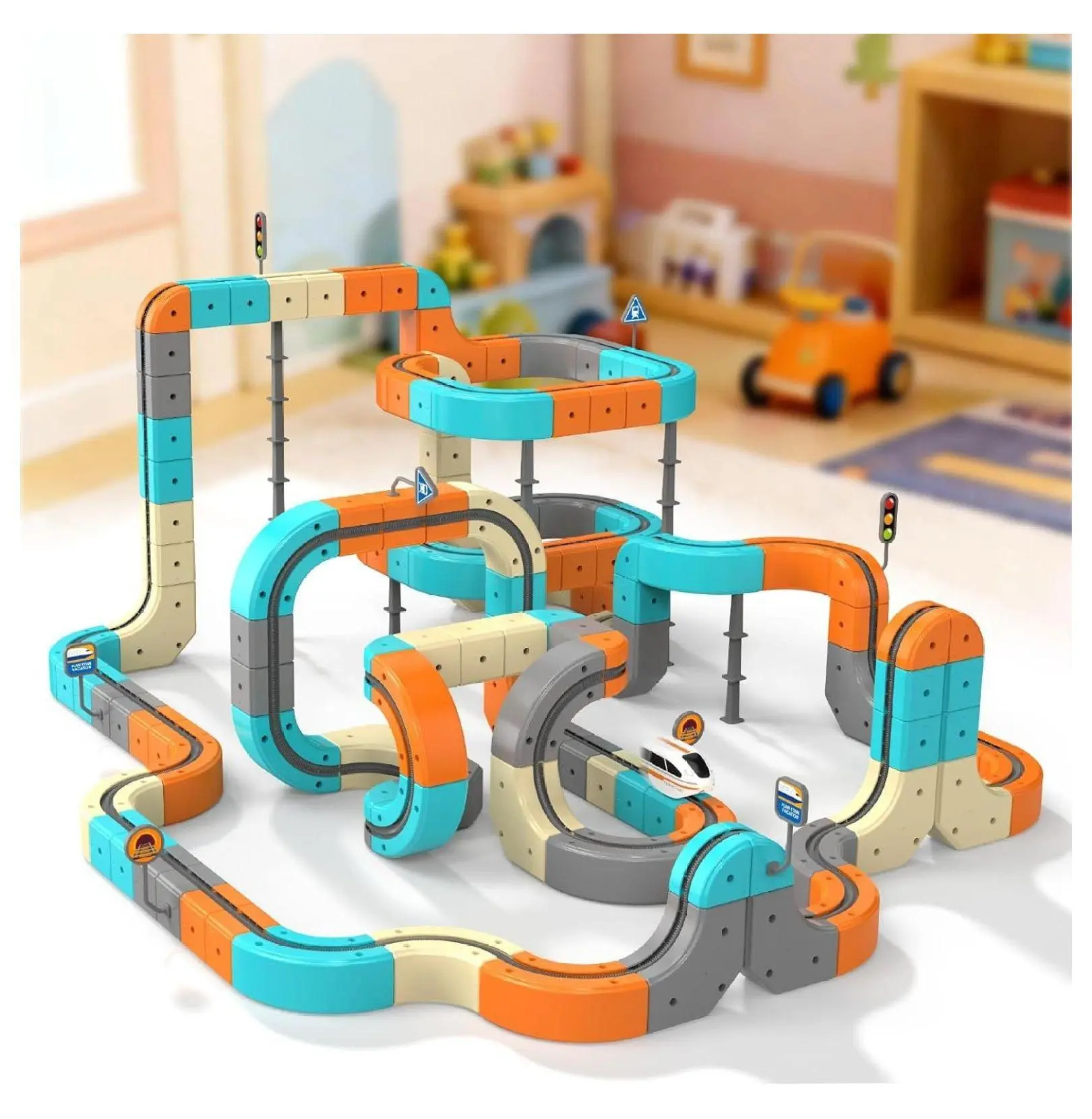 Electric Train Kids' Playset, 82pcs Flexible Track Pieces, Motorized Gravity Rail Car STEM Learning Creative DIY Toy, Birthday Gift for Ages 3-8