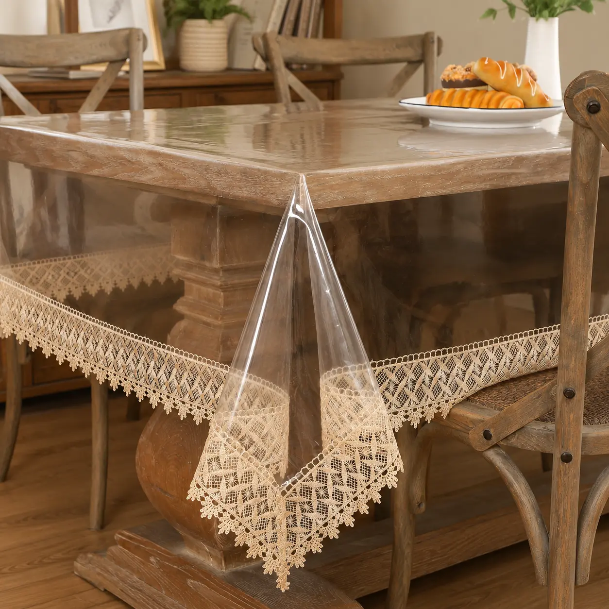 Clear Vinyl Tablecloth Protector 54" x 84", Waterproof & Oil-Resistant Transparent PVC Table Cover with Lace Edge for Dining Table, Kitchen & Outdoor Use