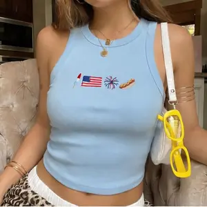 [Made in US] Embroidered Patriotic Hot Dog Rib Racer Tank Top, 4th of July Shirt, 4th Of July Funny Summer Ribbed Tank, Americana BBQ Baby Tee