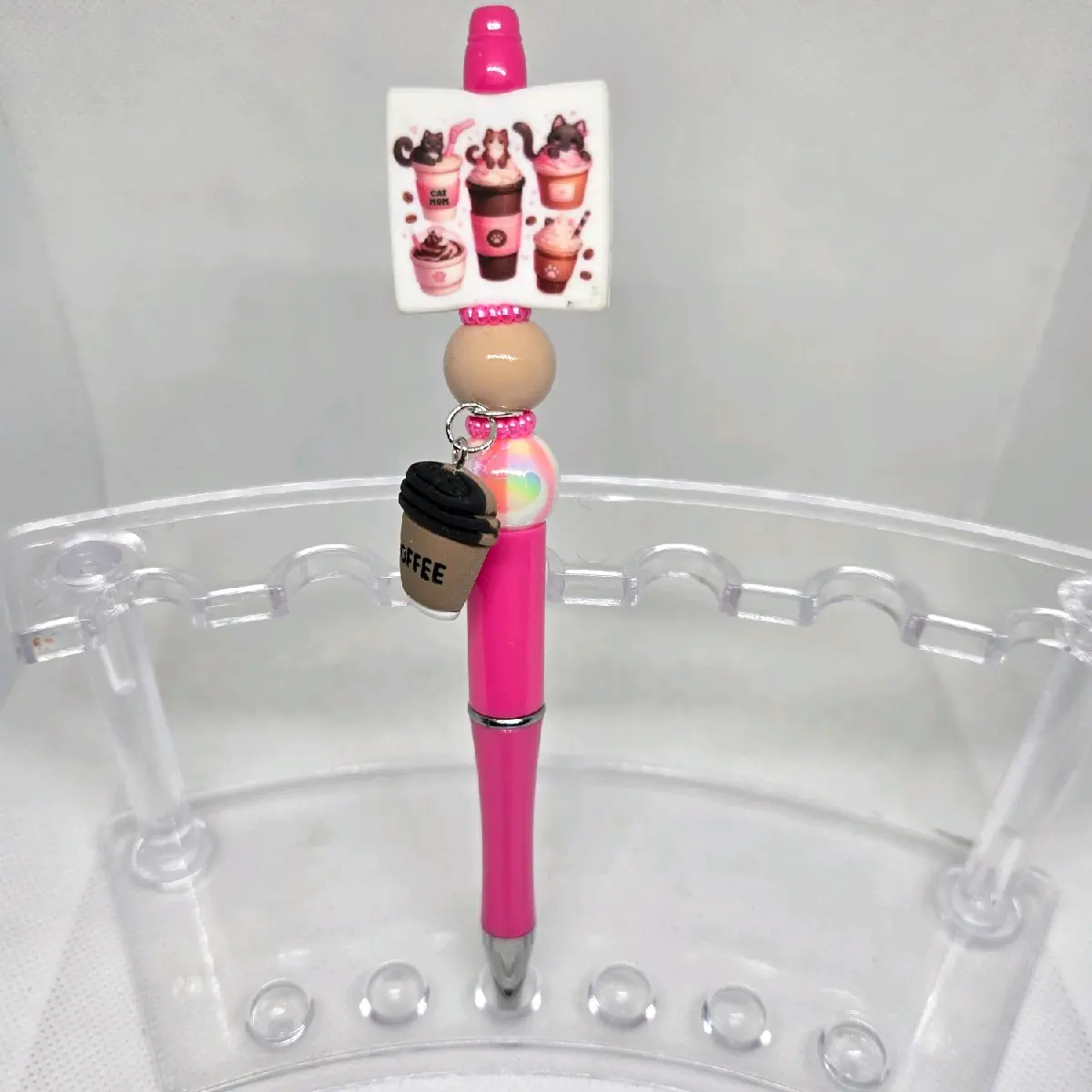 Cat Frappuccino Coffee and Ice Cream Bling and Beaded Pen- with Coffee Dangling Charm - Black Ink ideal gift