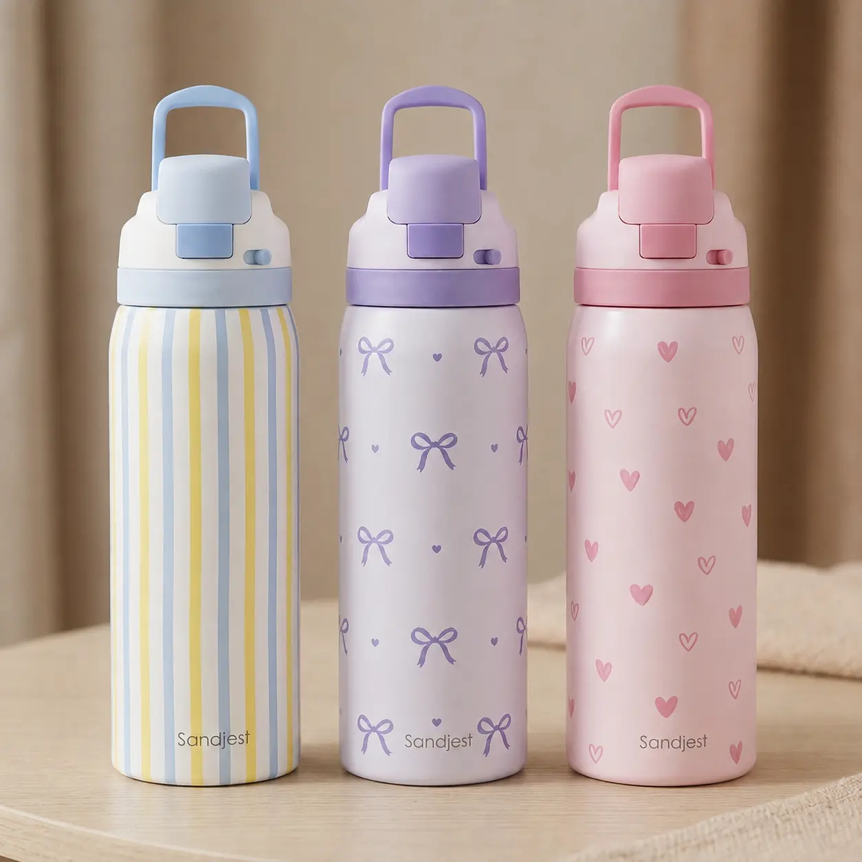 SANDJEST 32oz Insulated Stainless Steel Water Bottle with Push-Button Lid, Straw and Handle Included, Portable Reusable, 100% Leak-Proof, Sporty for Gym Outdoor Travel School, Gift for Her Women Girls