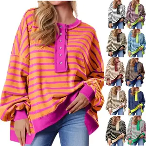 Women's oversized striped sweatshirt, Henley shirt, color blocked casual pullover, waffle knit topRAIMENTRY