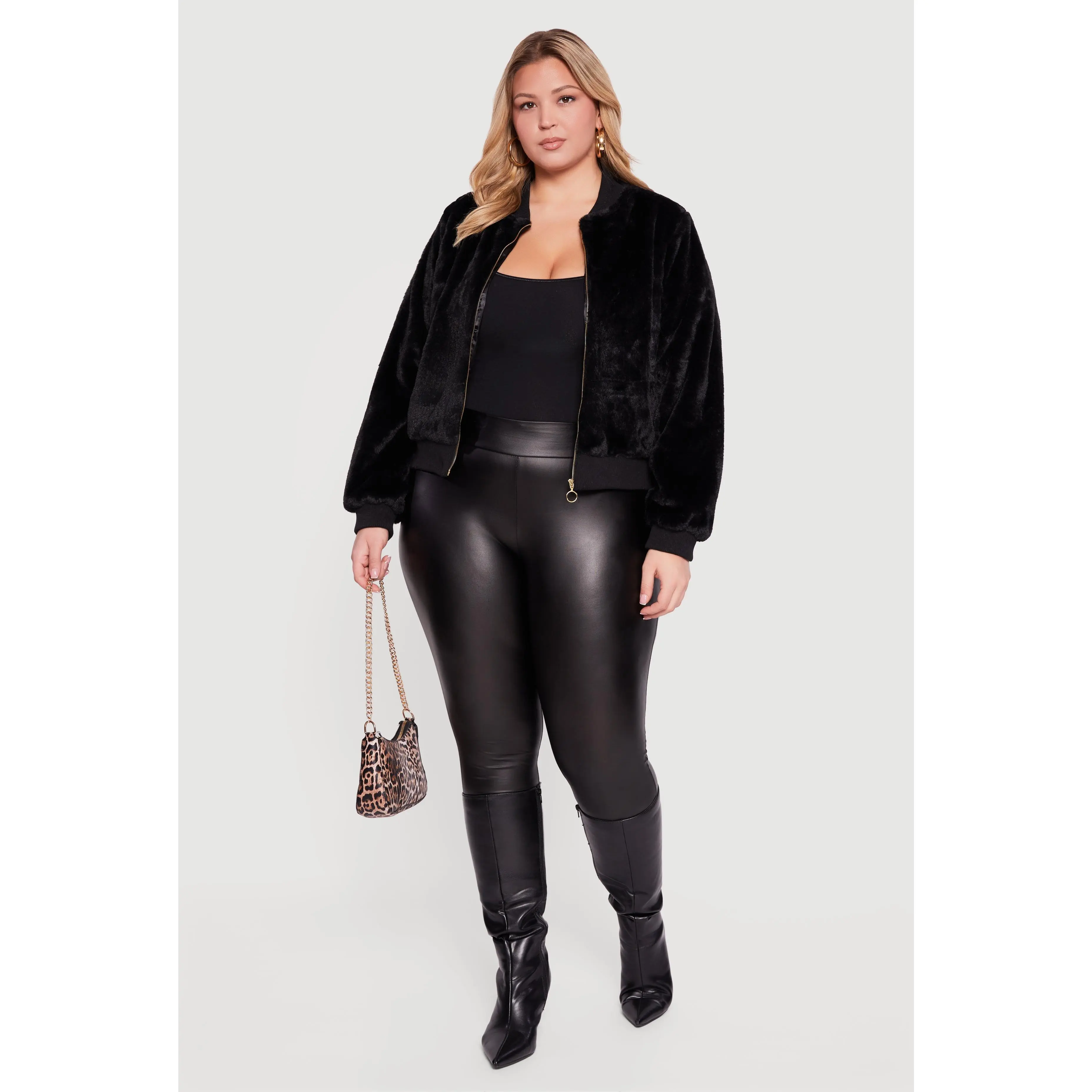 Plus Size Zip Front Faux Fur Bomber Jacket