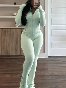 Women's Plain Solid Minimalist Long Sleeve Zipper Stand Collar Two-Piece Set, Casual Fall Winter, Slim Fit Micro Flare Pants & Top, Outfit
