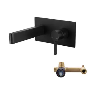WOWOW Wall Mount Bathroom Sink Faucet Solid Brass, Matte Black 2-Hole Single Handle Wall Bathroom Vanity Faucet Rough in Valve Included