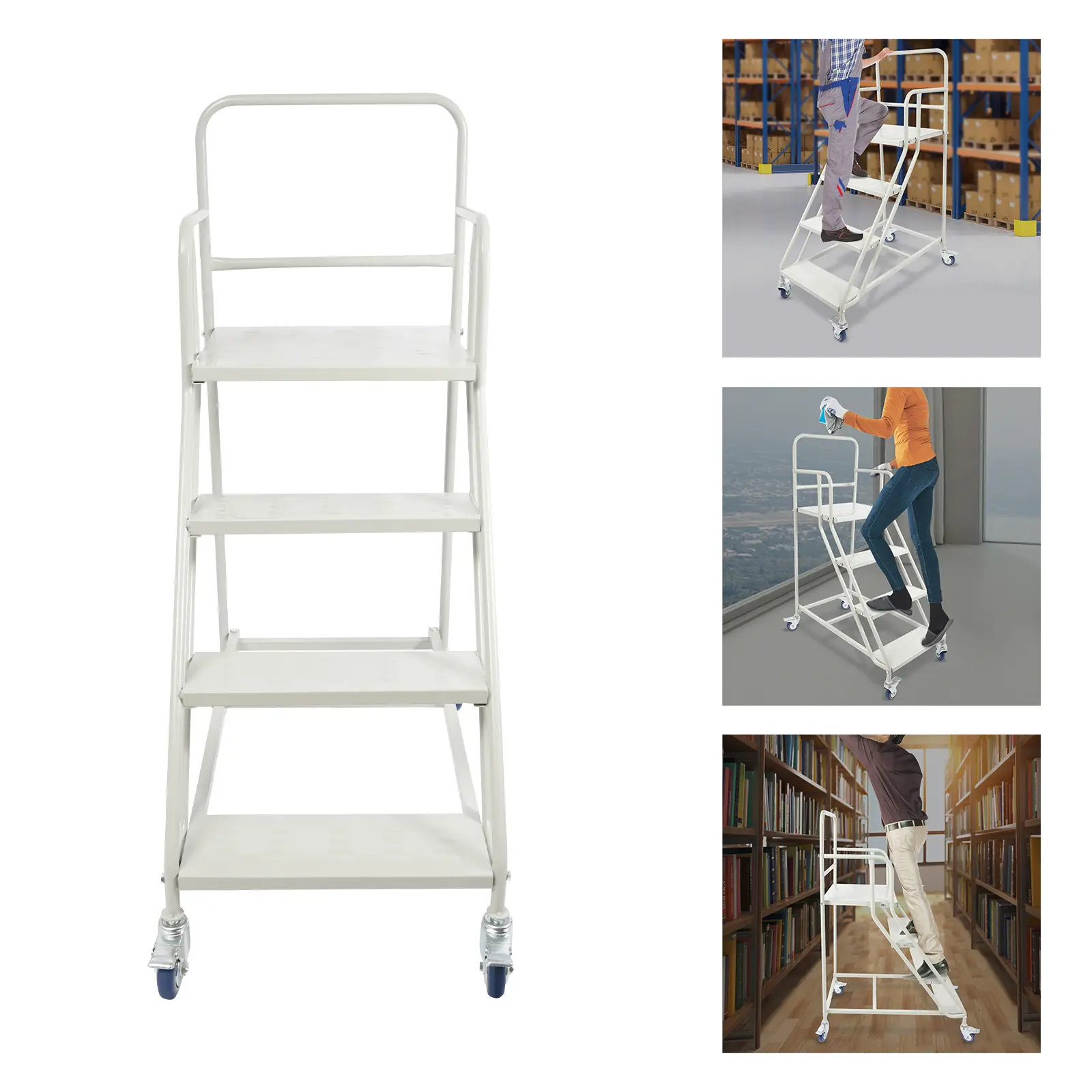 Modern 4-Step Indoor Furniture Ladder with 4 Wheels, 881lbs Capacity, Taking Items from Cabinet, Ideal for Home Warehouse Use, Kitchen