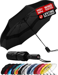 Windproof Travel Umbrella - Compact & Withstands Winds up to 100MPH , Strongest Premium Auto Folding Umbrella for Rain and Sun - Durable, Light & Portable for Women & Men , Fits Backpack & Cars