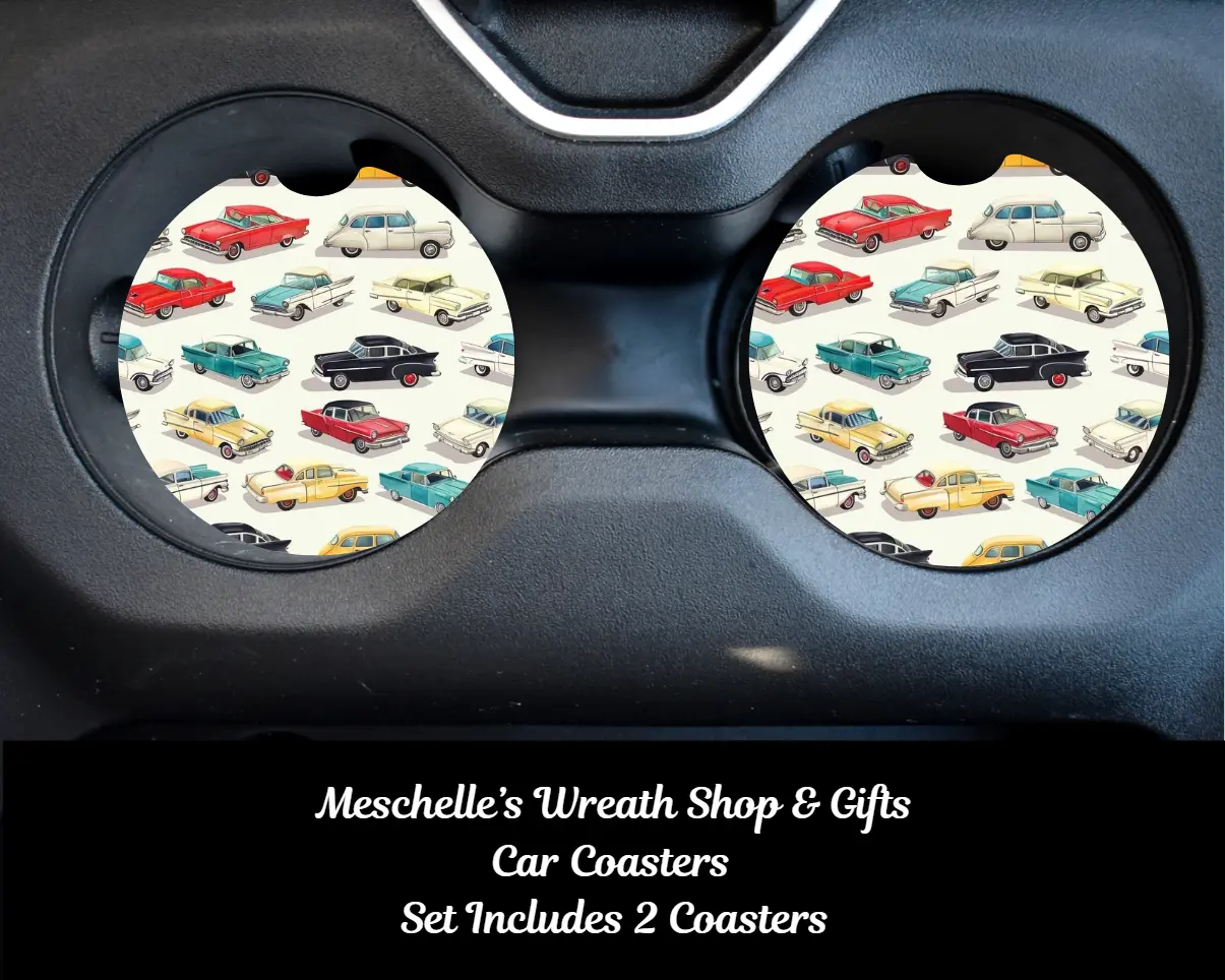 Vintage Handcrafted Car Coasters - 2.75-inch & 2.6x0.24-inch Neoprene/Ceramic All-Seasons Automotive Interior Accessories, Easy-to-Clean Cup Protectors