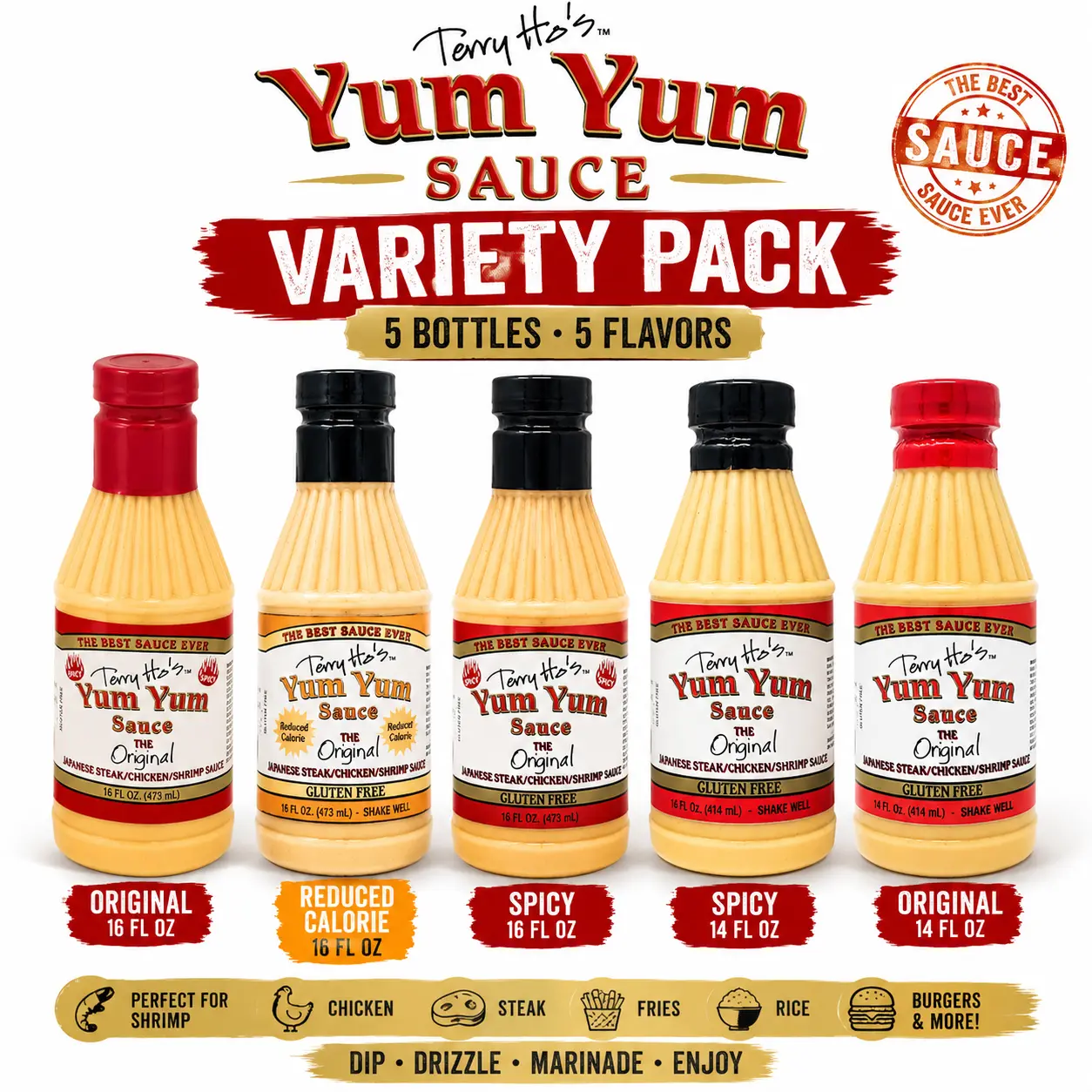 Terry Ho's Yum Yum Sauce Flavor Variety Pack - Original, Reduced Calorie, Spicy Flavors - 5 Assorted Bottles Cooking Sauce Dip
