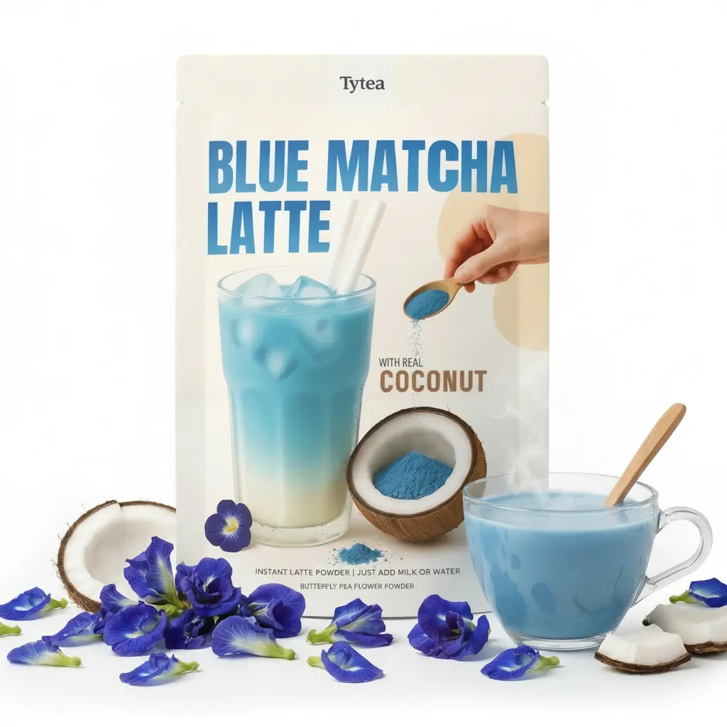 Tytea Coconut Blue Matcha Latte Organic Instant Powder Drink - Superfood Butterfly Pea Powder, 100g, Vegan, Antioxidant-Rich Milk Beverage, Sugar-Free, Not Green Tea Matcha