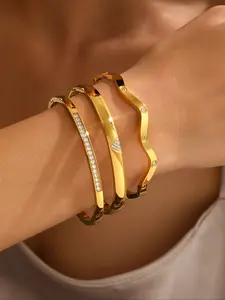 Diamond-Accent Gold Bangle Stack | Trendy Wave & Minimalist Bracelet Set | Luxury Shiny Jewelry for Women (Daily/Party Wear)