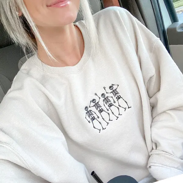 Dainty Dancing Skeletons Embroidered Sweatshirt, Spooky Season  Dainty Skeleton Dance Embroidered Crewneck, Cute Minimal Halloween Sweatshirt,Spooky Season Sweatshirt