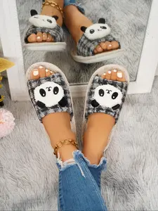 Women's Cute Panda Open-Toe Slippers, Plaid Pattern, Soft Breathable Textile, Comfortable Indoor Shoes, Ideal Gift for Panda Lovers