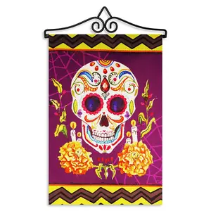 G128 Combo Pack Garden Flag Hanger 14IN & Garden Flag Day of the Dead Sugar Skull 12x18IN Printed Double Sided Blockout Fabric