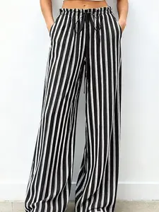Vintage Vertical Striped Elastic Drawstring Pockets Wide Leg Pants, Summer Droop Lazy Style High Waist Slimming Versatile Casual Long Pants