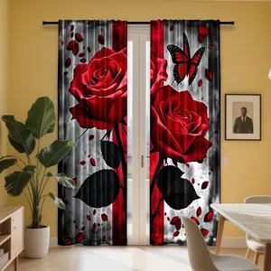 2pcs red rose patterned printed curtains made of polyester fiber material. Translucent privacy protection design, hand washable and machine washable, suitable for bedroom and living room decoration, home decoration, living room curtains