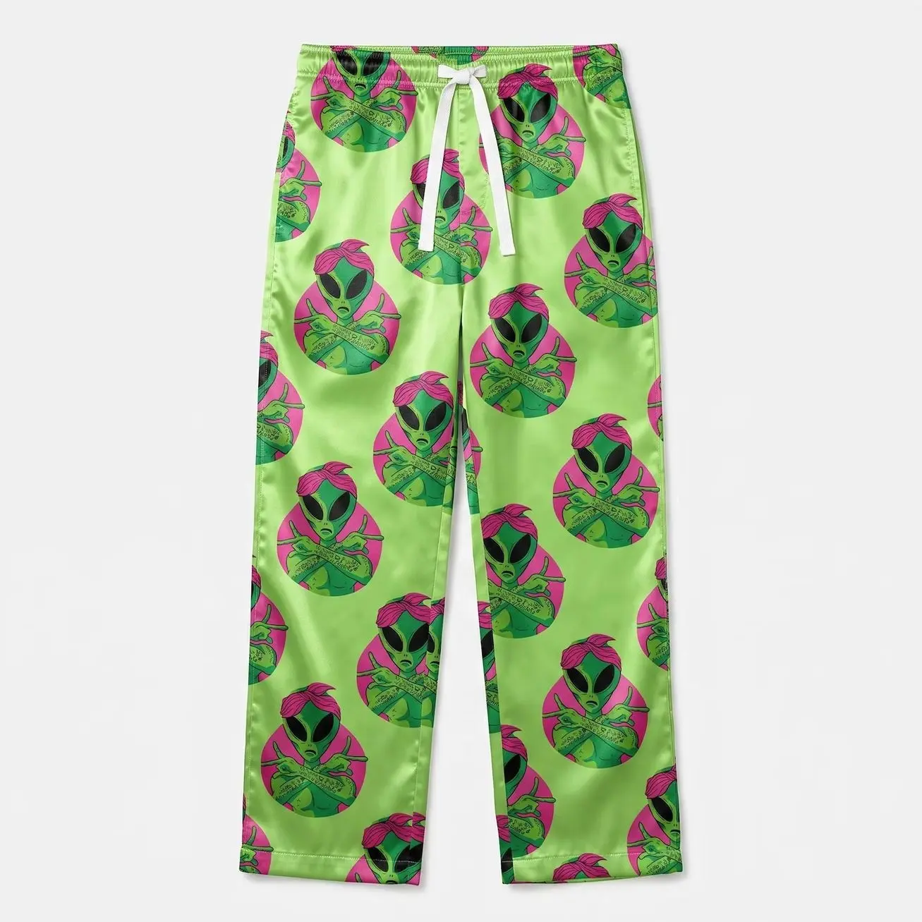 Green Alien Pajama Pants, Tattooed Alien Girl Lounge Pants, Y2K Trippy Satin Sleep Pants, Festival Rave Gift for Her