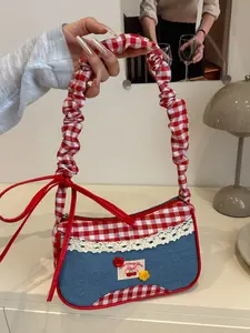 Cute Bowknot Shoulder Bag, Colorblock Trendy Design, Simple Wrinkled Drawstring, Sweet Fresh Crossbody Bag, Versatile and Stylish, Canvas Crossbody, Color Blocked Bag