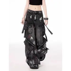 Y2K Harajuku Gothic Multi-Pocket Washed Black Jeans Men And Women 2000s Heavy Industry Drag Pants Street Hip Hop Wide Leg Pants(Sheets)
