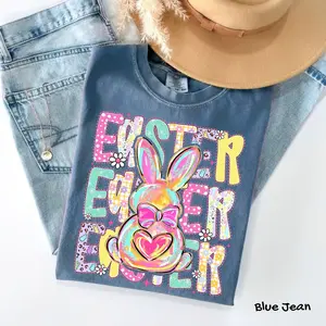 Comfort Colors Happy Easter Bunny T-Shirt, Preppy Easter Tee, Brushstroke Coquette Bow Shirt, Cute Spring Easter Day Outfit, Pastel Bunny Graphic Top