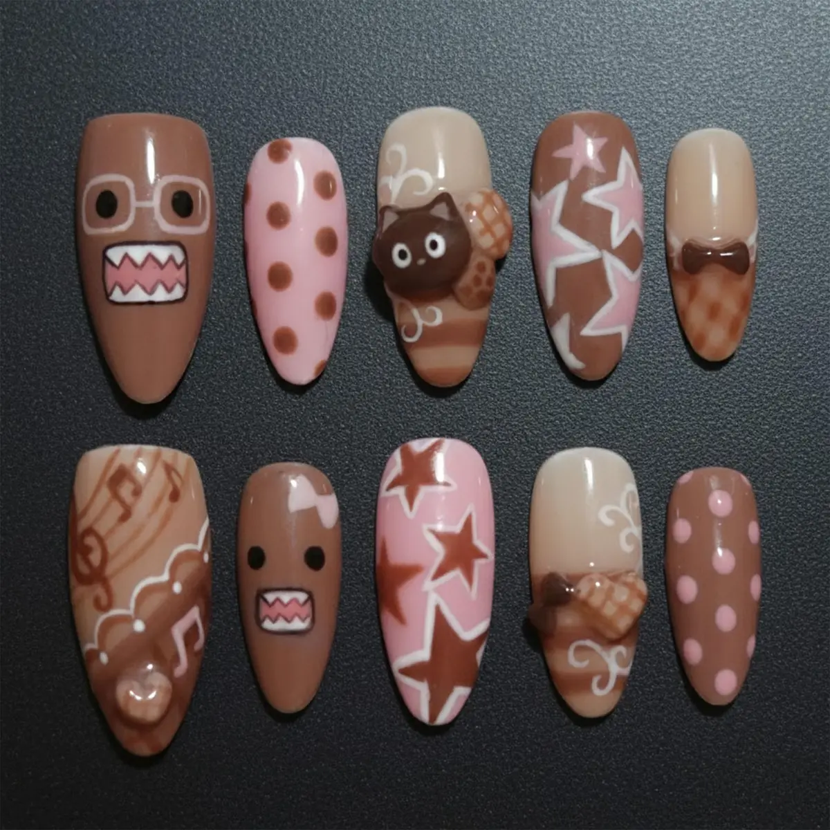 Handmade Chocolat Bear Press On Nails | Domo-kun Inspired Kawaii Almond Nails with 3D Teddy Bear, Waffle & Bow Charms | Reusable Fake Nails with FREE Adhesive Tabs FREE Nail File FREE Cuticle Stick