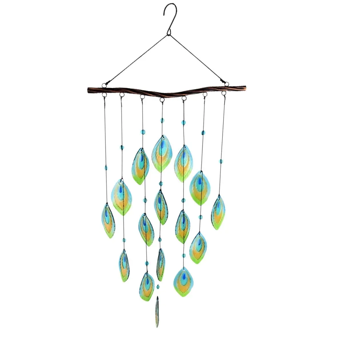 Continental Art Center 3209392 Hand-Painted Peacock Tail Wind Chimes - Collapsible 13in/13x29in, 1lb Decorative Glass Hanging Decor with Wide Shepard Hook, Gentle Pieces for Calming Wind Notes, Indoor/Outdoor Sun Catcher Wall Art for Everyone, 1 Lb